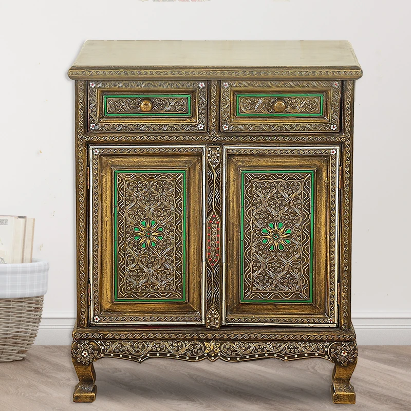 Southeast Asian Folk Furniture Solid Wood Porch Cabinet Carved Living Room Bedroom Decoration Gold Foil Cabinet Thai Locker Side