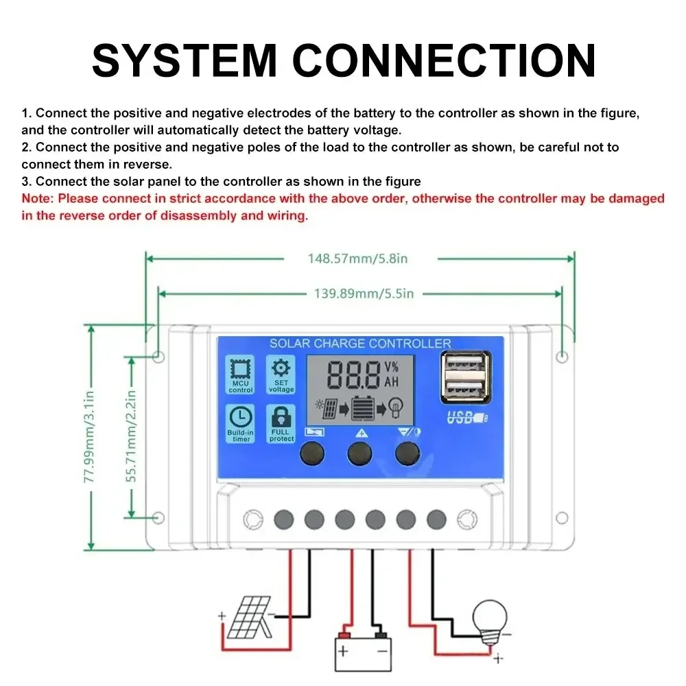 Solar Charge Controller 12V24V 30A/20A/10A Auto LCD Dual USB 5V Output Photovoltaic Solar Panel PV Regulator Load Discharger