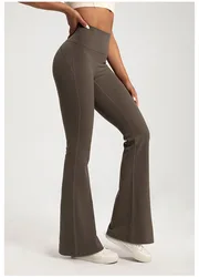 High Waisted Elastic Bell Bottom Yoga Pants - M (Brown)