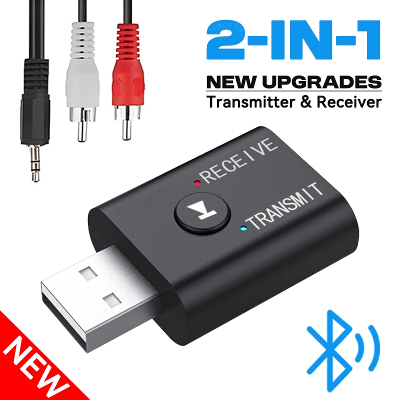 2 In 1 Bluetooth 5.0 오디오 수신기 송신기 차량용 키트 스피커 TV PC 용 마이크가있는 3.5mm AUX USB 스테레오 음악 무선 어댑터