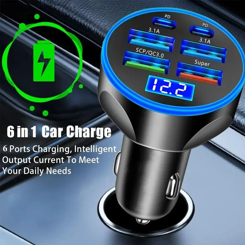 6 in 1 USB 차량용 충전기 QC3.1 고속 충전 4USB+2PD 포트 차량용 ..