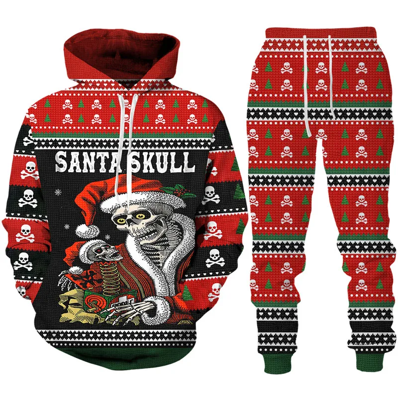 

New 3D Printing Christmas Skull Fashion Men Women Tracksuits Crewneck Hoodies+pants Plus Size S-7XL Harajuku