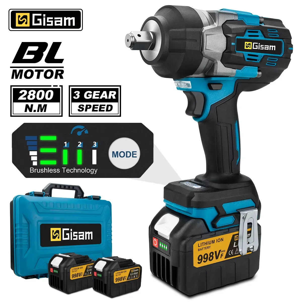 GISAM Chave de Impacto Elétrica Brushless 2800N.m 1/2'', chave sem fio de torque, parafusadeira compatível com pino de bateria Makita 18V