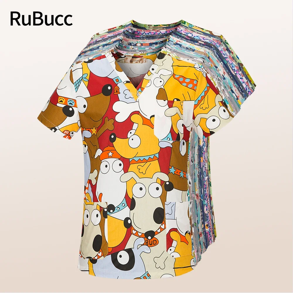 Medical Surgical 100% Cotton Print Scrubs Shirt Beauty Salon Lab Pet Shop Doctor Nursing Health Scrubs Tops medical scrubs