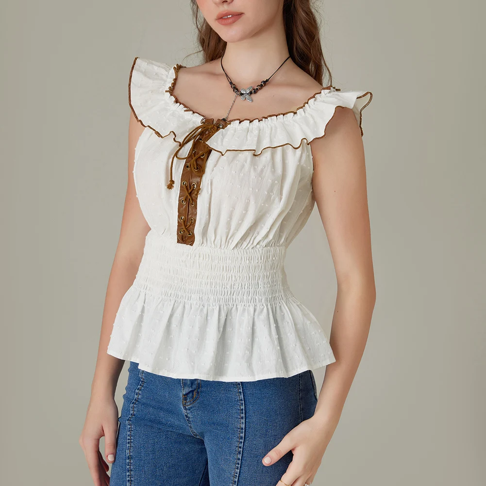 

SD Woman T-Shirts Renaissance Summer Cotton Vintage Tops Off Shoulder Smocked Bodice Tops High Waist Tee Female