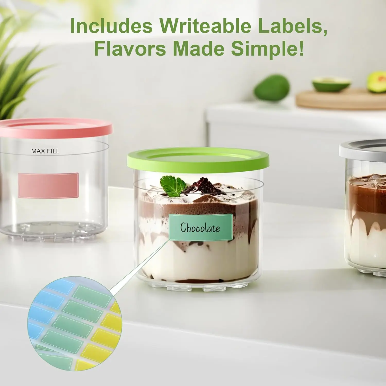 Colour Creami Pints and Lids Ninja 4 pack Creamy Icecream Containers Cups Jars Tubs Canisters Spoon