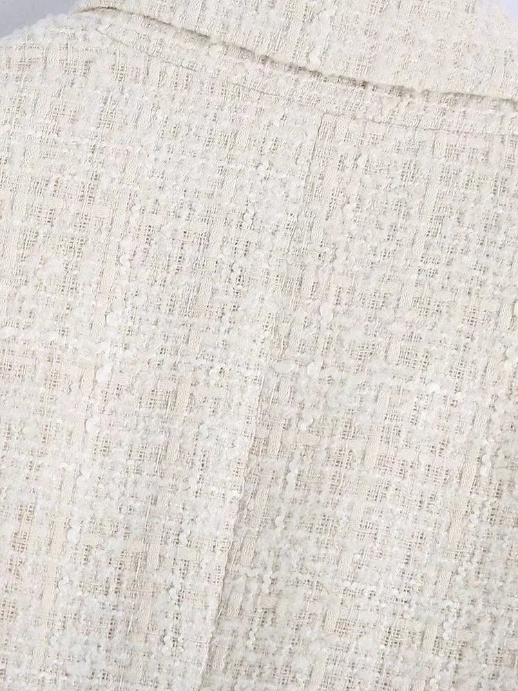 2024 New Women Fashion Tweed Double Breasted Blazer Coat Vintage Long Sleeve Flap Pockets Female Outerwear Chic Veste Femme