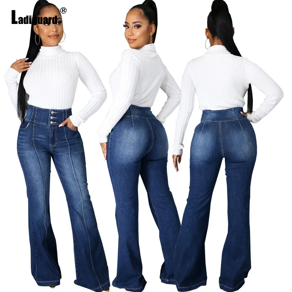 

Ladiguard Women Boot Cut Demin Pants High Waist Sexy Girls Flare Jeans Trouser 2022 European Style Fashion Pockets Demin Pants