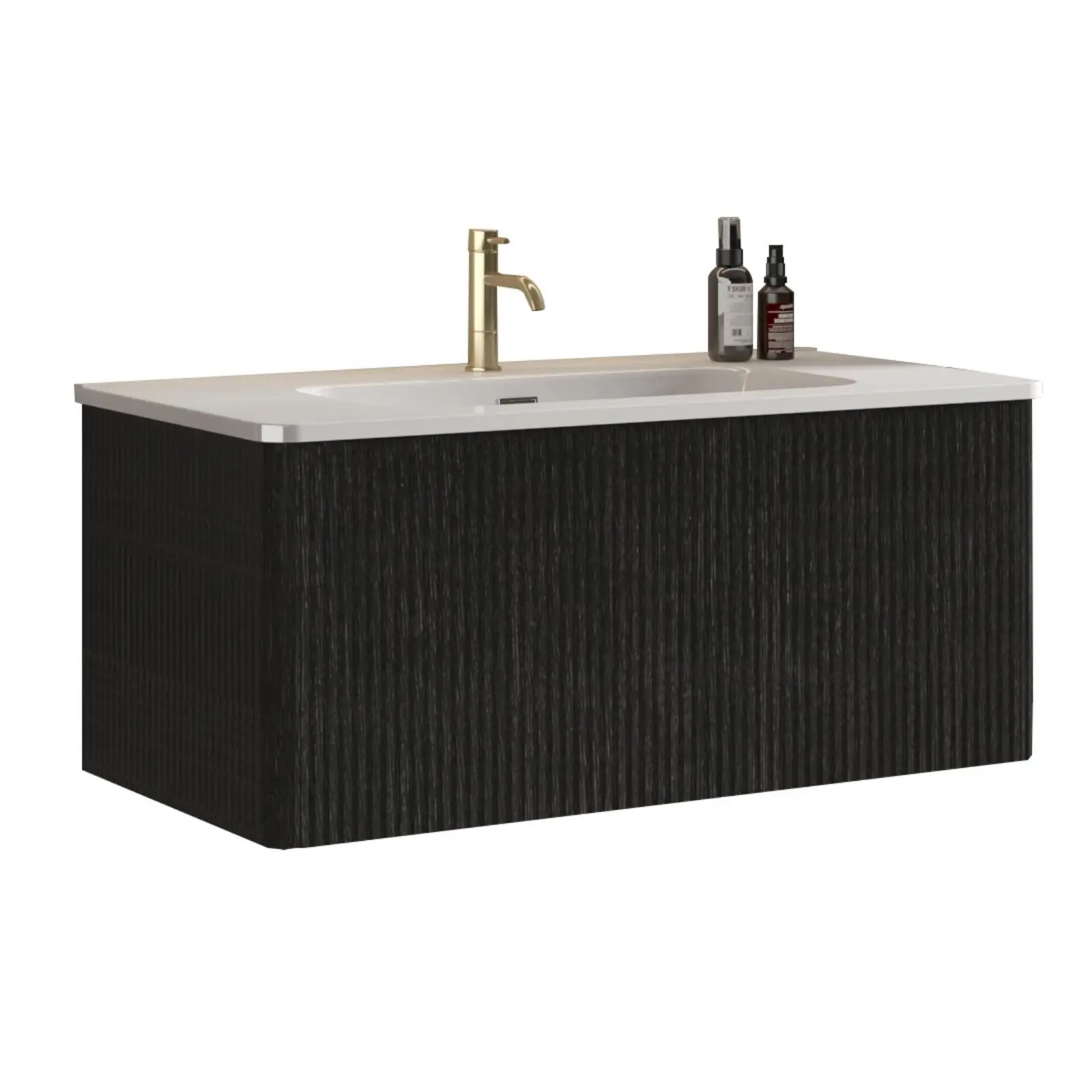Brushed Black Oak Bathroom Vanity 36 Inch Floating Design White Ceramic Sink Included Luxury Sink Cabinet for Bathroom Remodel