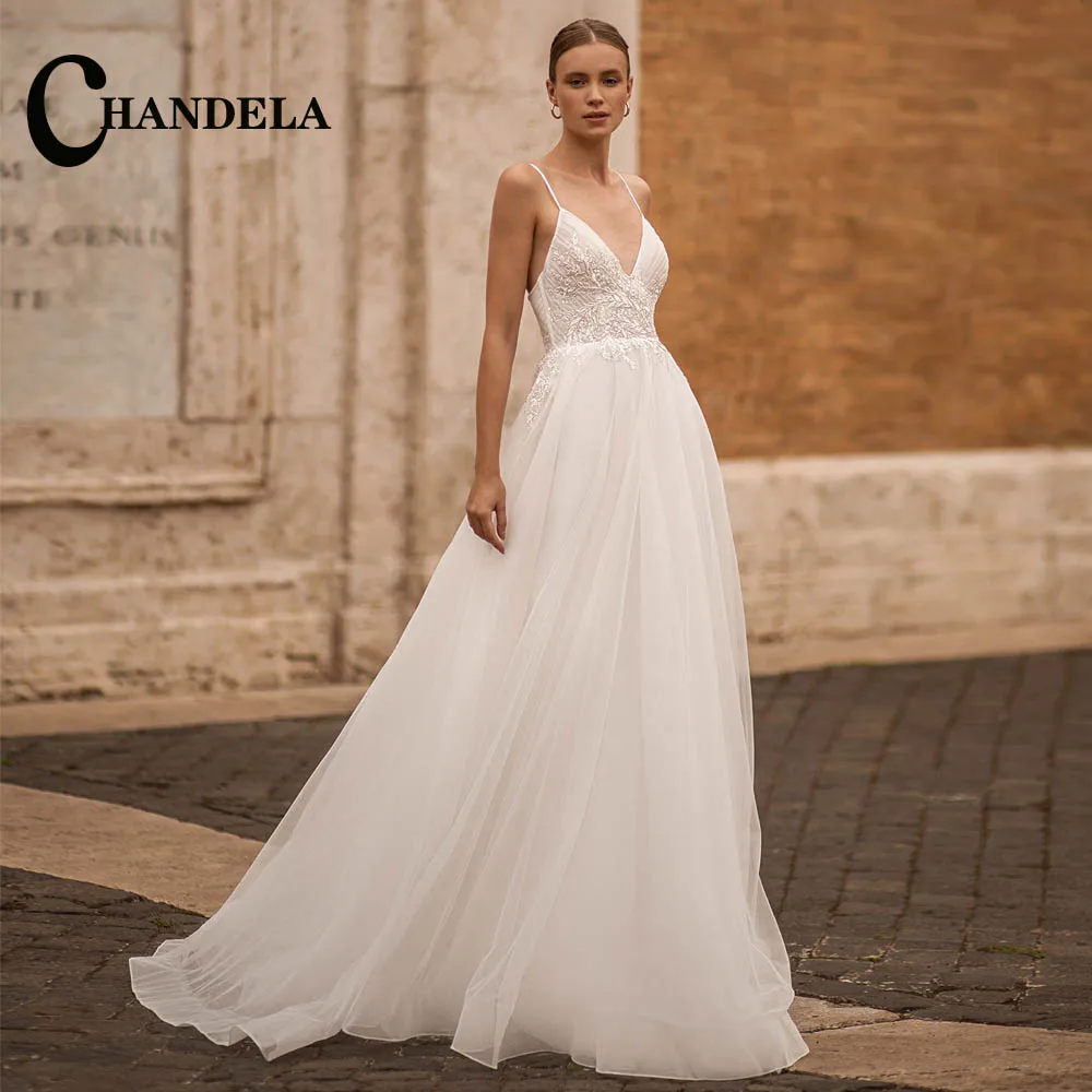 

CHANDELA Modern Sparkly Sequined Beading Spaghetti Strap Backless Appliques Pleat Wedding Dresses Personalised Robe De Mariée