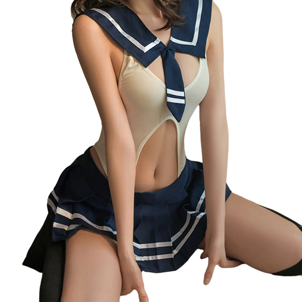 

Sexy Costumes Roleplay Set Women Erotic Lingerie Sheer Uniform Tempting Student Costume Open Crotch Underwear Backless Nightwear