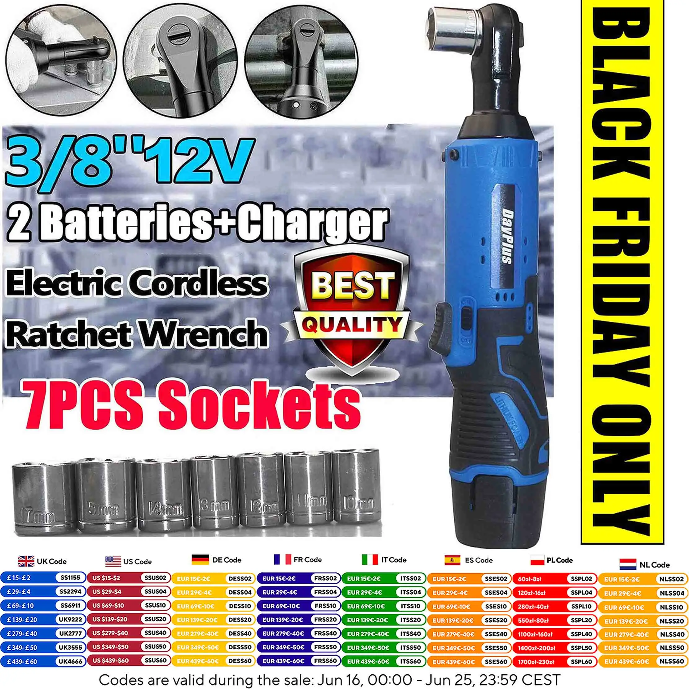 DayPlus-Tournevis Électrique Sans Fil à Cliquet à Angle Droit, 12V, 3/8 Pouces, Écrou de Retrait, Réparation de Voiture, Lithium avec 2 24.com