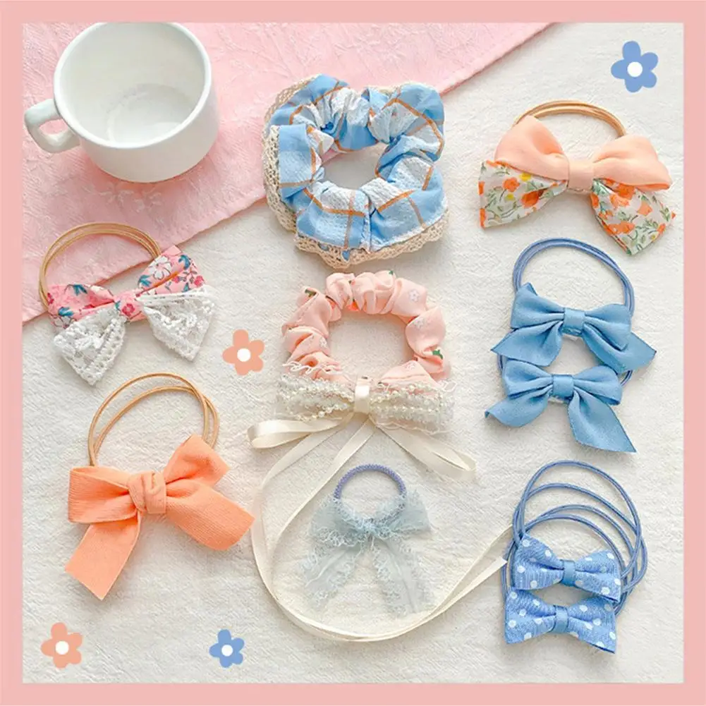 10pcs/lot Sweet Hair Band Girls Hair Ties Bows Elastic Rubber Band Flower Small Ball Scrunchies