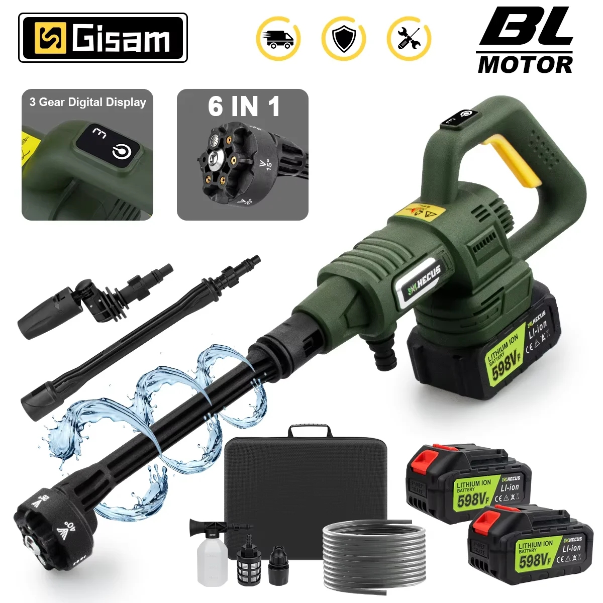GISAM Lavadora de Alta Pressão Elétrica 200Bar, motor brushless, 3 velocidades, pistola de lavagem 6 em 1, pistola de pulverização de água, compatível com pinos de bateria Makita 18V
