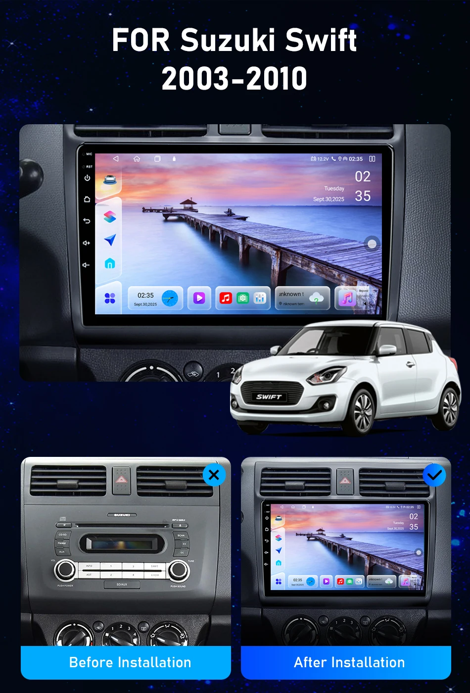 Srnubi 10 Zoll Android 14 Autoradio für Suzuki Swift 2003-2010 Carplay Multimedia Videoplayer 2Din Head Unit Stereo mit Rückfahrkamera – Detail 2