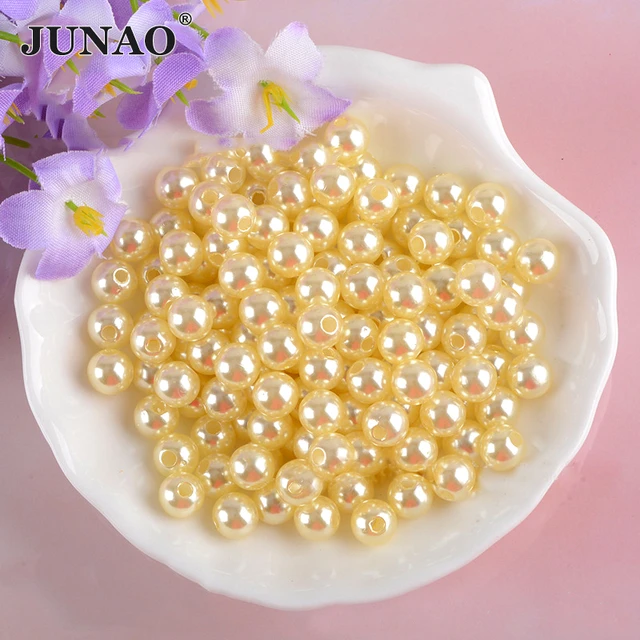 JUNAO 4 6 8 10 12mm Gold Flatback Pearls Half Round Rhinestone Imitation  Pearl Loose Plastic Beads Crystal Stone Stickers