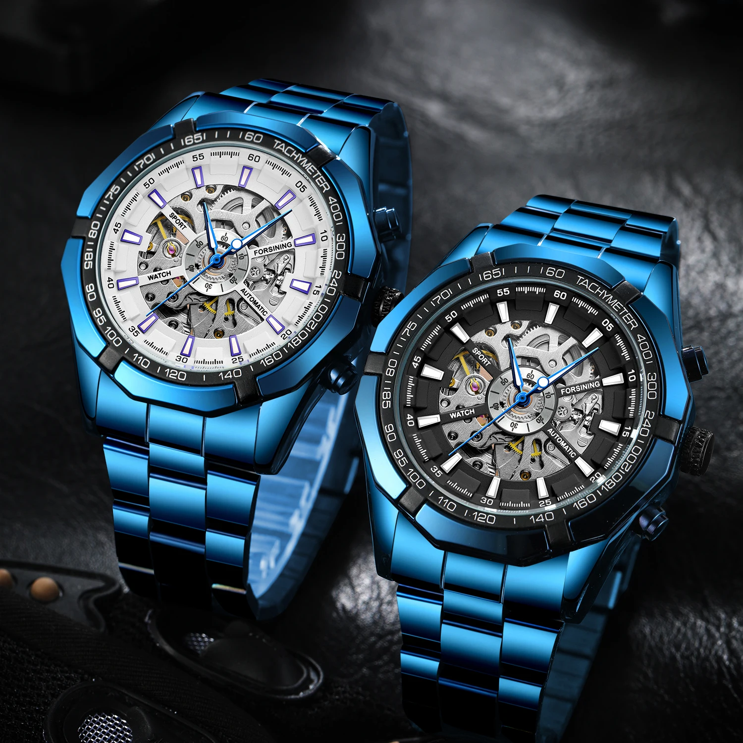 FORSINING Large Men's Watch Stainless Steel Skeleton Mechanical Automatic Movement Clock Waterproof Wrist