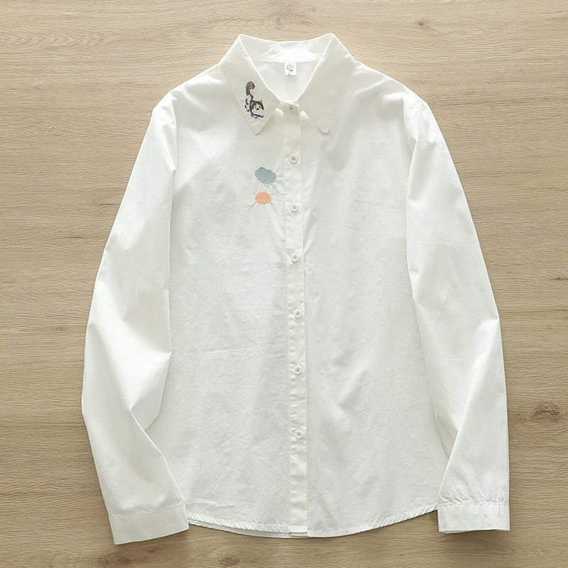 

Женская рубашка с вышивкой из мультфильма, белая Повседневная приталенная блузка с длинным рукавом, хлопковые топы, U006, весна 2024