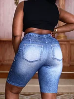 Plus Size Women's Denim Print Quarter Leggings Stylish Casual Knit Stretchy Skinny Shorts with Side Button Detail Pattern Pants - Image 4