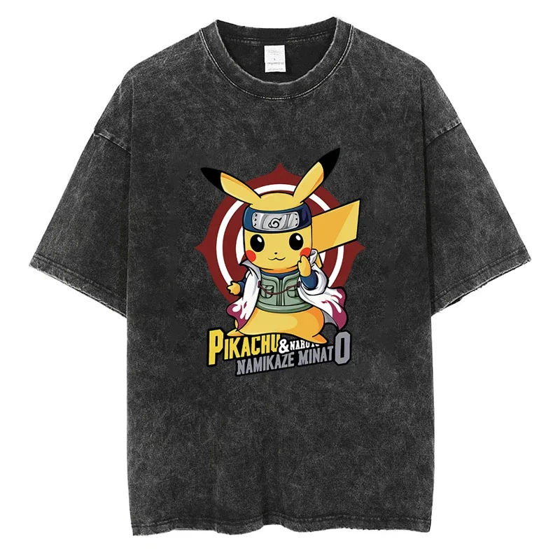 Anime Naruto & Pokémon Pikachu Linkage Print T Shirt y2k Harajuku Fashion Hip Hop Street Unisex Casual Oversized Tees Cotton Top
