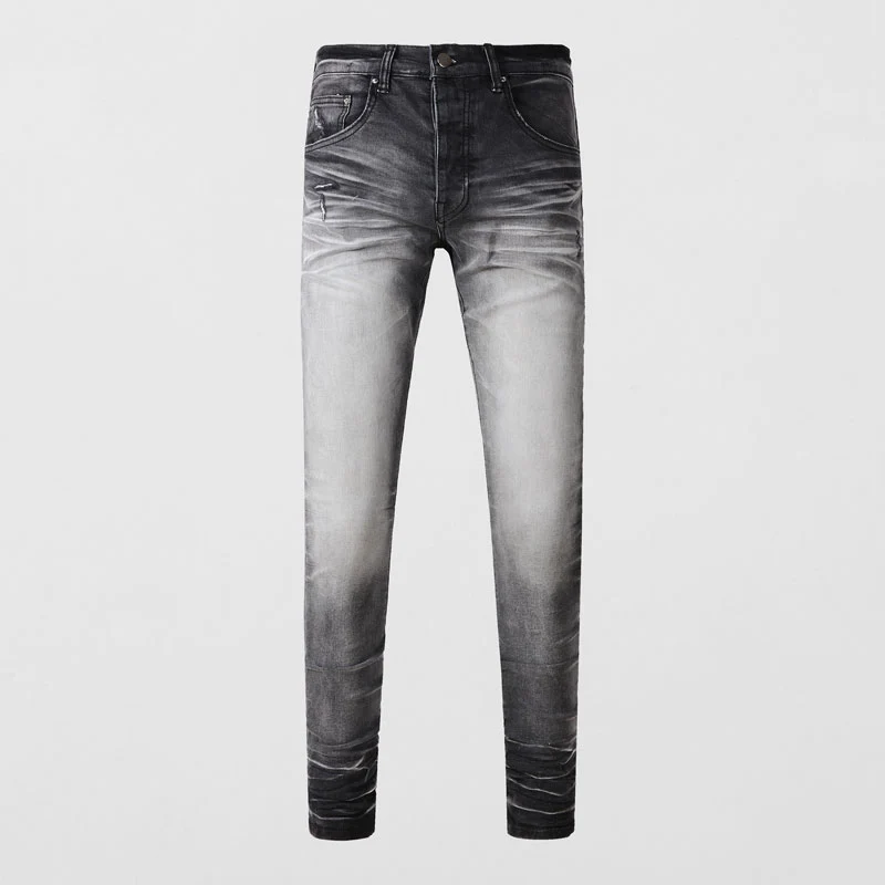 High Street Fashion  Men Jeans Retro Gray Designer Stretch Skinny Fit Ripped Jeans Men Elastic Buttons Fly Hip Hop Brand Pants