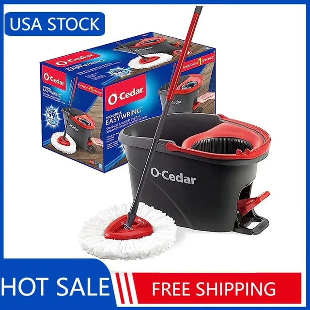 O-Cedar EasyWring Microfiber Spin Mop, Bucket Floor Cleaning System, Red,  Gray