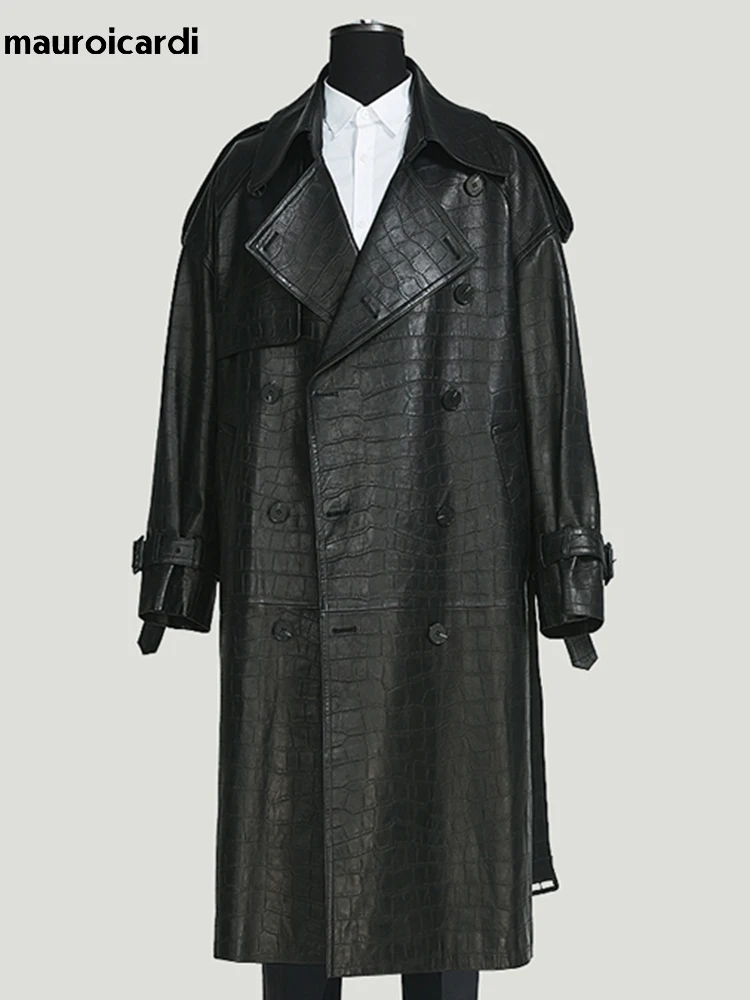 Mauroicardi Spring Autumn Long Black Crocodile Print Pu Leather Trench Coat Men Belt Double Breaste Runway European Fashion 2023 3