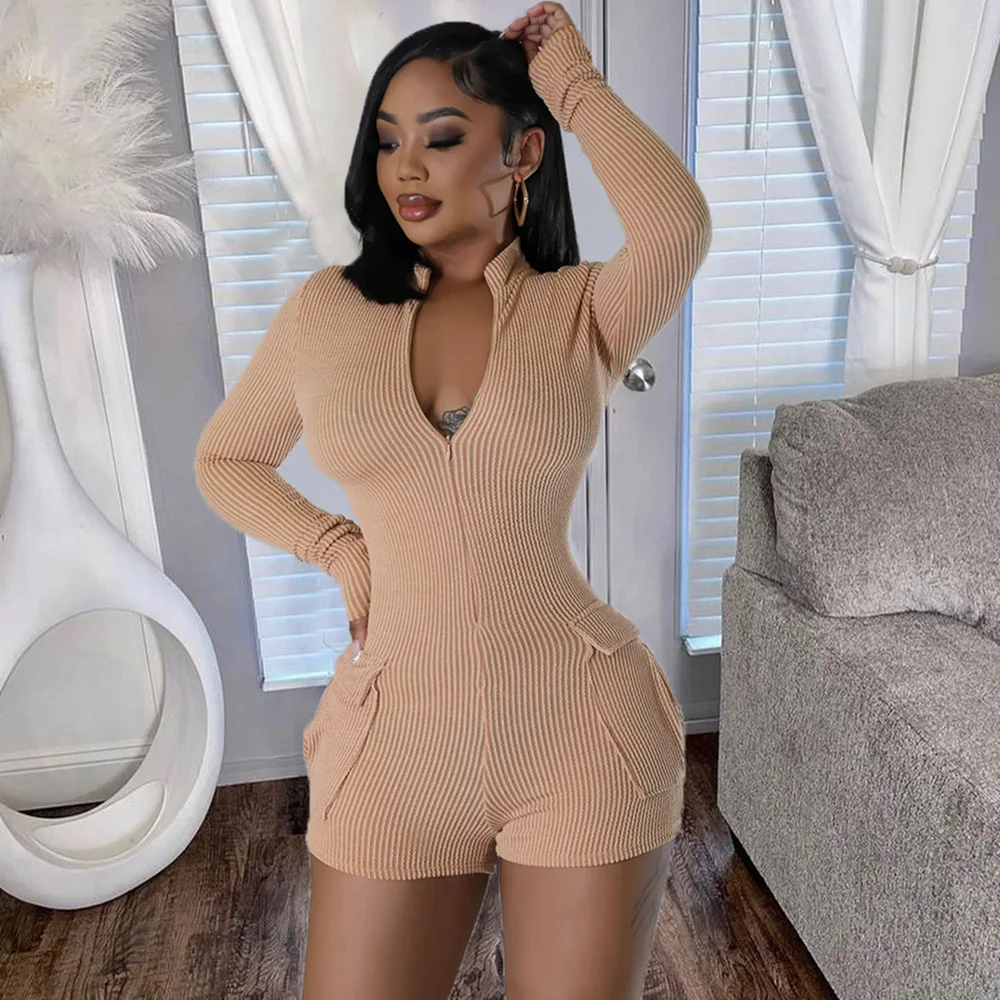 BKLD Zipper Long Sleeve Pockets Sexy Solid Color Elastic Shorts Jumpsuit Women Clothing 2023 New Arrivals One Pieces Romper