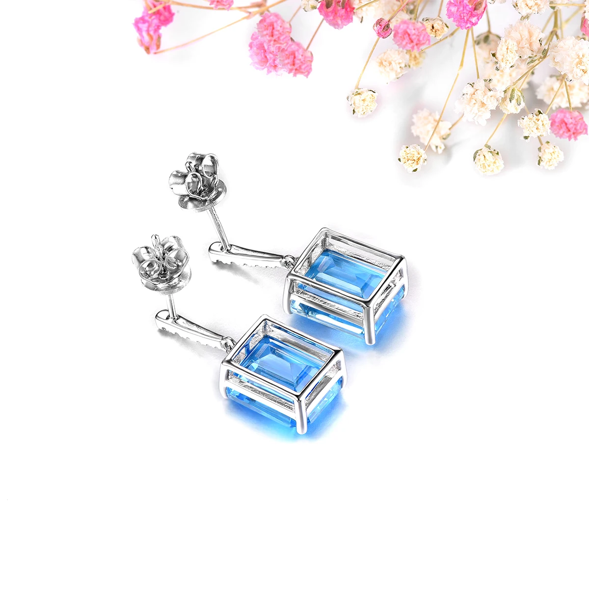 Lohaspie-맞춤형 주얼리 8.3 캐럿 천연 블루 토파즈 다이아몬드 14K 화이트 골드 귀걸이, 여성 럭셔리 스타일 고급 주얼리