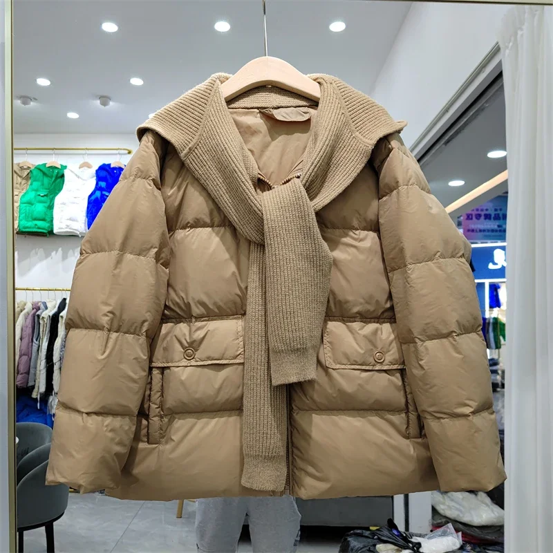 

TPJB Winter Hooded Splicing Feather Jacket Women 90% White Duck Down Coat Knitting Scarf hooded Short Parker Loose Warm Outwear