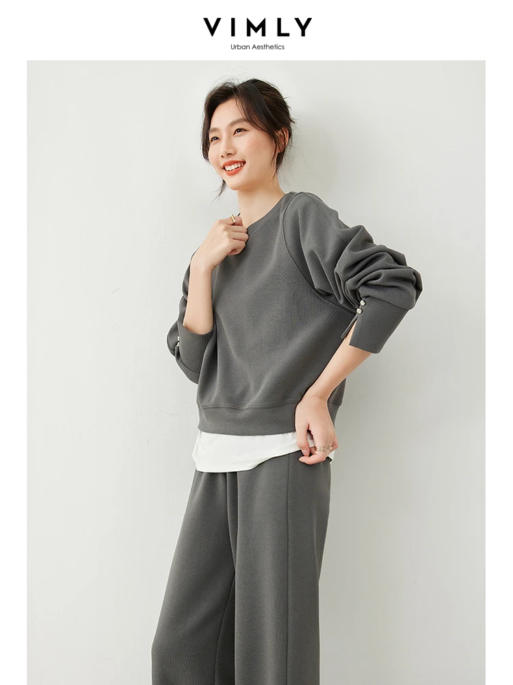 VIMLY Women Casual Round Neck Sweater 2024 Spring/Autumn Office Lady Loose Pullover Top Trousers And Long Pants Sets M5851