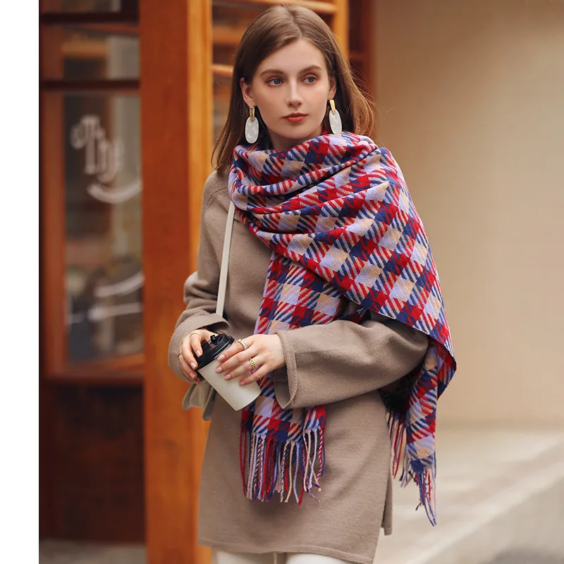 

Women Winter Warm Cashmere Plaid Scarf Shawl Thick Long Pashmina Fashion Luxury Brand Color Houndstooth Scarf Wraps 70*180CM