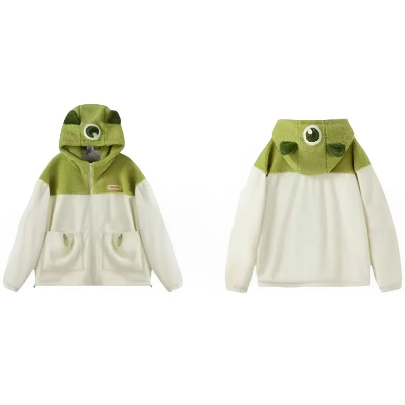 Cute Monster Embroidery Lamb Wool Coat Kawaii Hood Design