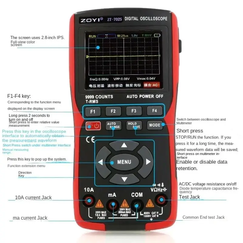 

ZOYI ZT-702S 2In1 Digital Oscilloscope Multimeter Real-time sampling rate 48MSa/s True RMS 1000V Professional Tester 2.8" screen