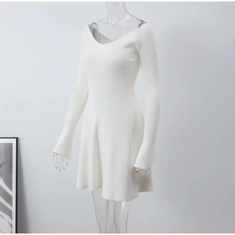 Knit Off-Shoulder V-Neck Mini Dress For Women Ribbed Loose Casual High Waist Long Sleeve Knitwear Dress Women's Mini Dress