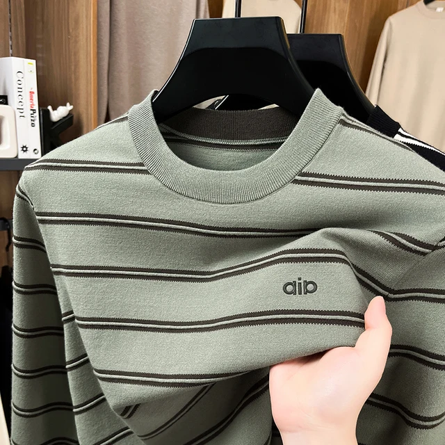 Suéter de punto de lujo con cuello redondo, jersey a rayas de manga larga, moda informal de otoño e invierno, ropa clásica y versátil para hombre