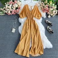 Autumn Sexy Polka Dot Romper Women Elegant V-Neck Puff Short Sleeve High Waist Jumpsuit Female Loose Wide Leg Playsuits Fashion - Image 4