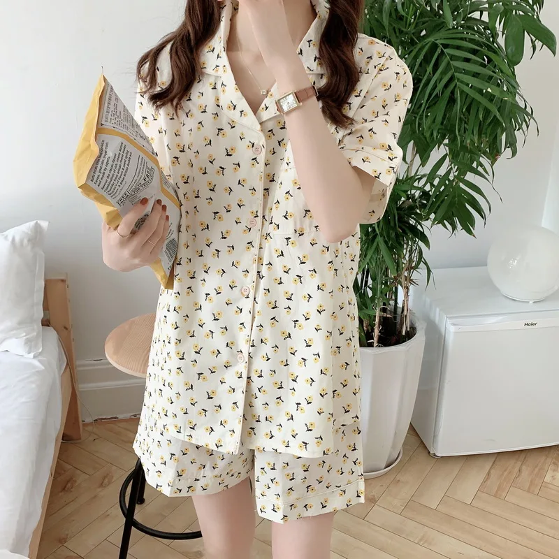 

Floral Print Short Sleeve Pajama Set Women Sleepwear Suit Cotton Shorts Homewear Clothes korean Elastic Waist Pockets D410