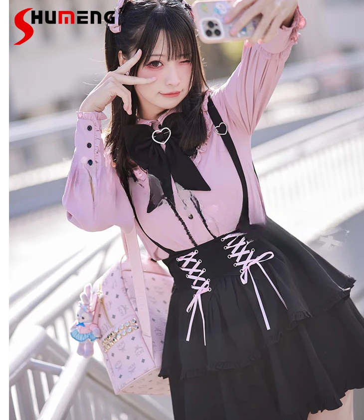 2023 Summer New Sweet Bow Lace Flared Long Sleeve Pink Blouse Tops Lolita Girls Shirt Blusa Black Suspender Skirt Mine Skirt Set blouses plain textured button ruffled blouse in pink size l m s xl