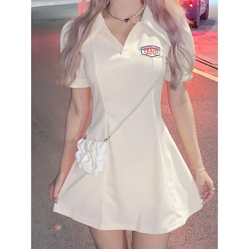 

Sweet Academy Polo Neck Dress Women Embroidered Gentle Elastic Waist Slim Summer Spicy Girl Chic Solid Fashion Female Wear 2024