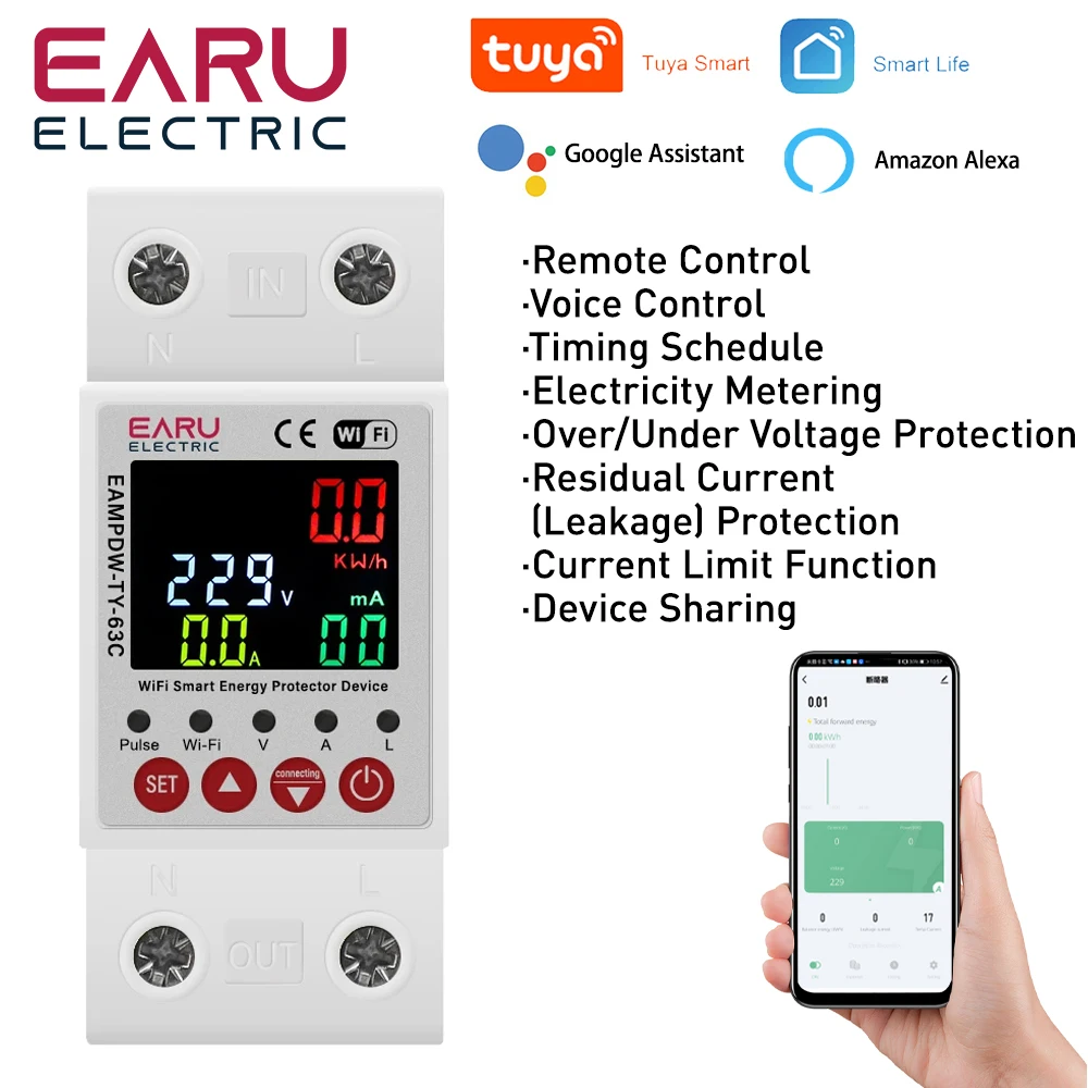 Medidor de Energia Inteligente com Wi-fi Terra Leakage Over Under Protector Voltage Dispositivo de Relé Switch Breaker Kwh Meter 2p 63a Tuya App