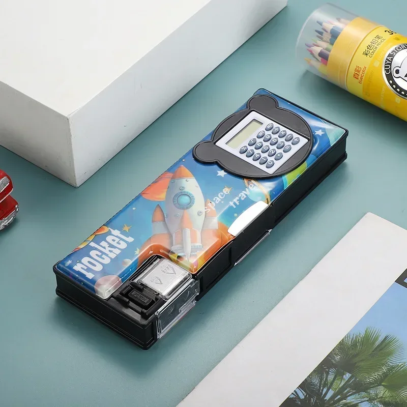 Creative Dual Use Pencil Case Calculator Cartoon Multifunctional Large Capacity Double-layer Pen Storage Box Astronauts Cute