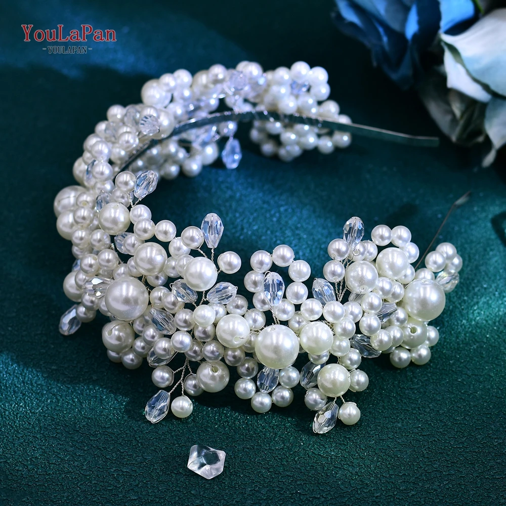 TOPQUEEN Bride Fashion White Faux Pearl Hair Hoop Wedding Crystal Headbands Bridal Headwear Hair Accessories For Party HP674