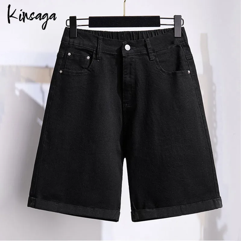 Plus Size Elastic Waist Wide Leg Capris Jean Women 7xl Street Slouchy Revers Folds Knee Length fifth Demin Simple Cuffed Pants
