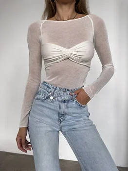 Trendix See Through Sexy Bodycon Bodysuit Lingerie Women 2024 Long Sleeve Mesh Body Top Fashion Twist Backless Tees Bodysuits