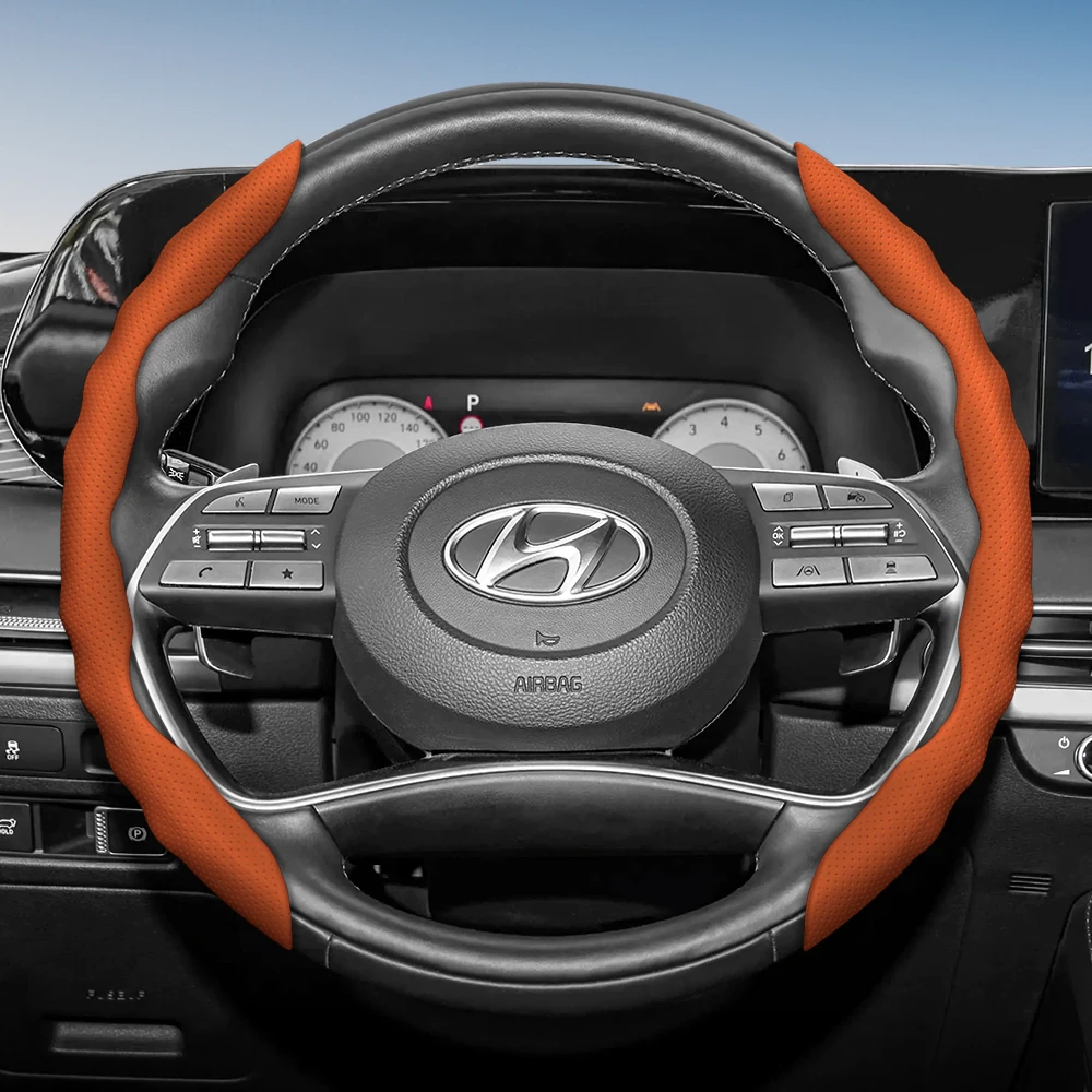 Steering Wheel Cover with Wavy Sports Design - Breathable Leather, Segmented Anti-Slip, Sweat-Absorbing Protective Cover