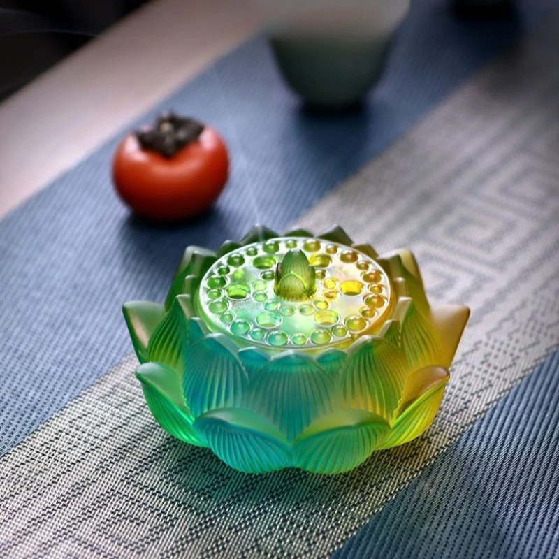 Large Art Glass Incense Burner for Cone Coil Stick Incense with Lotus Design Home Decor Meditation Zen Yoga Aromatherapy Gift