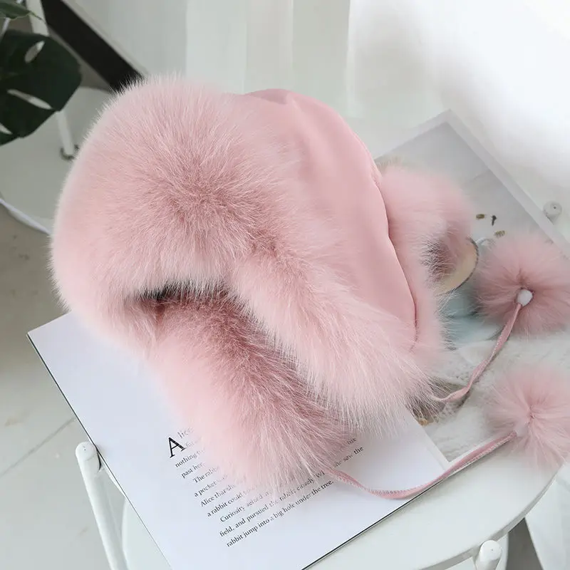 Fur Hat Winter Hat Real Fox Fur Hats Women&rsquo;s Russian Ushanka Aviator Trapper Snow Skiing Hat Caps Earflap