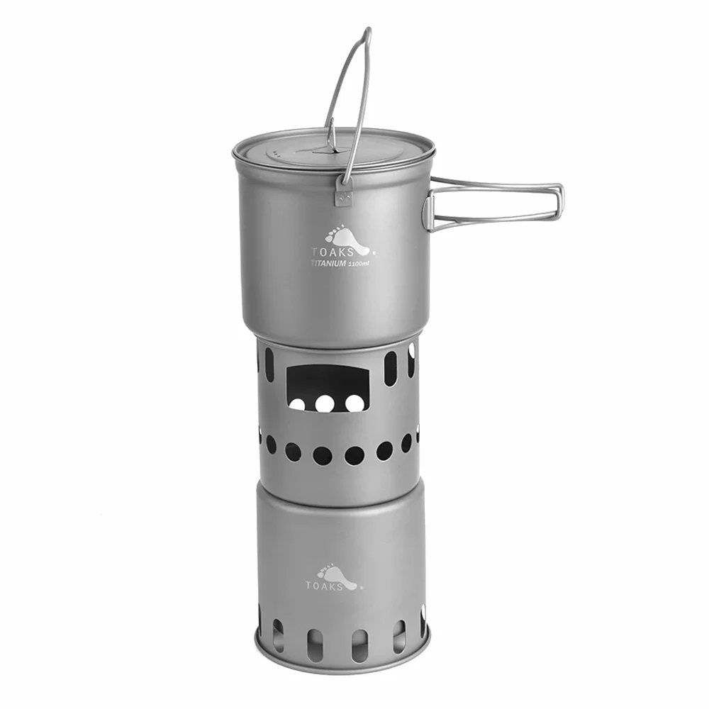 TOAKS Titanium Combo Set POT-1100-BH & STV-11 Camping Equipment 1100ml Pot with Bail Handle and Wood Stove Portable Burner 5
