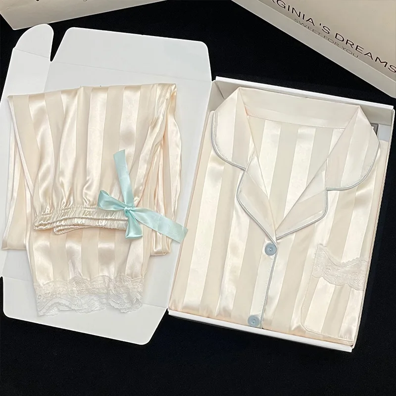 Ling Solid Striped Summer Pajamas Sweet Bow-knot Ice Silk Satin Sleepwear Women 2PCS Fashion Women's Home Wear Short Sleeved Set